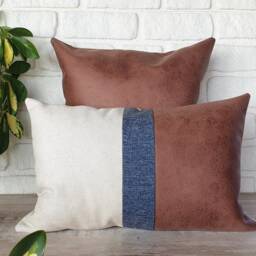Color Block Lumbar Pillow Cover Brown Faux Suede, Linen, Blue Fabric - thumbnail 2