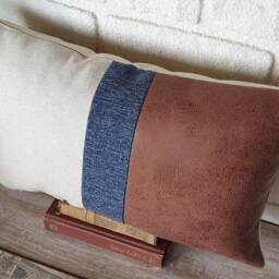 Color Block Lumbar Pillow Cover Brown Faux Suede, Linen, Blue Fabric - thumbnail 4