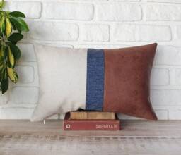 Color Block Lumbar Pillow Cover Brown Faux Suede, Linen, Blue Fabric