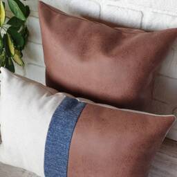 Color Block Lumbar Pillow Cover Brown Faux Suede, Linen, Blue Fabric - thumbnail 3