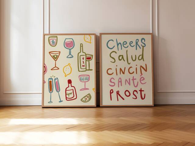 Set Of 2 Cheers Glasses Prints, Colourful Wine Print, Retro Wall Art, Kitchen Aesthetic Decor, Gallery Wall, Unframed - image 1