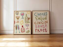 Set Of 2 Cheers Glasses Prints, Colourful Wine Print, Retro Wall Art, Kitchen Aesthetic Decor, Gallery Wall, Unframed - thumbnail 1