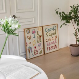 Set Of 2 Cheers Glasses Prints, Colourful Wine Print, Retro Wall Art, Kitchen Aesthetic Decor, Gallery Wall, Unframed - thumbnail 3
