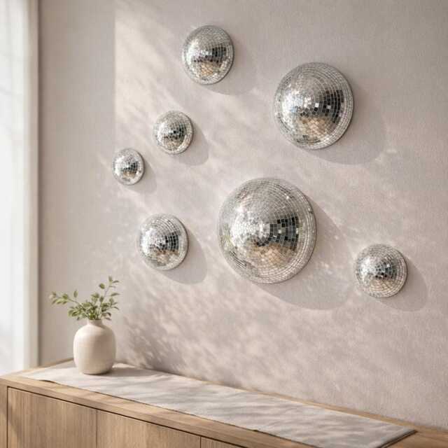 Silver Disco Ball Wall Decor Set - Mirror Mosaic Half Sphere Art Modern Glam Installation - image 1