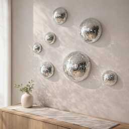 Silver Disco Ball Wall Decor Set - Mirror Mosaic Half Sphere Art Modern Glam Installation - thumbnail 1