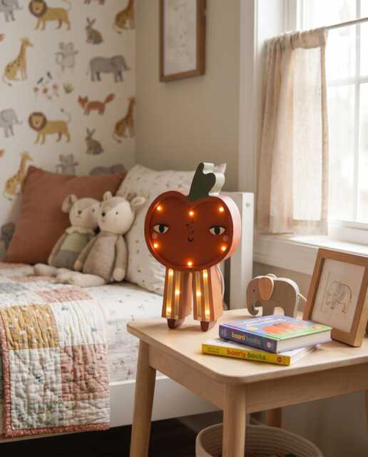 Wooden Apple Night Light For Kids, Handmade Dimmable Nursery Lamp, Led Pine Wood Table Whimsical Toddler Room Decor, Baby Shower Gift - image 1
