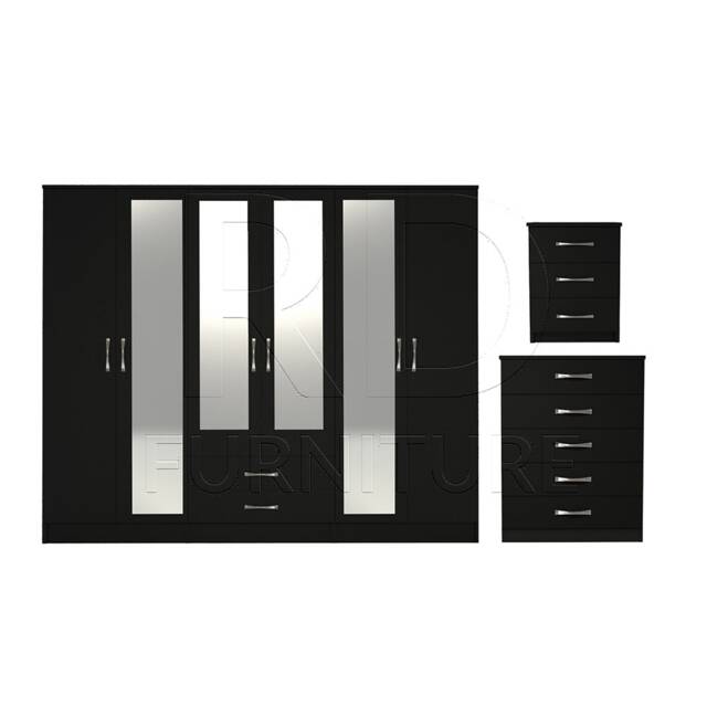 Bedroom Set, Black Set, Wardrobe, Mirrored Chest Of Drawers & Bedside Table. Ready Assembled - image 1