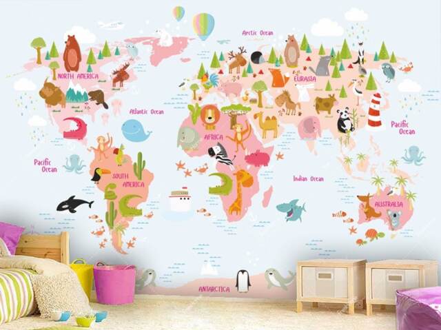 World Map Wall Mural in Pink & Light Blue, Children With Animals, Wallpaper, Little Explorer Wallpaper - image 1