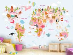 World Map Wall Mural in Pink & Light Blue, Children With Animals, Wallpaper, Little Explorer Wallpaper - thumbnail 1