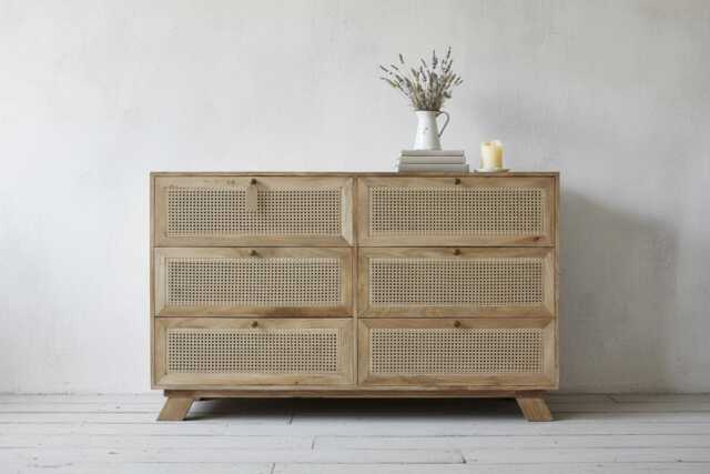Large Rattan Chest Of 6 Drawers -150cm Wide Solid Wood Dresser -Boho Rustic Storage Cabinet - Bedroom Hallway Sideboard -Rattan Furniture UK - image 1