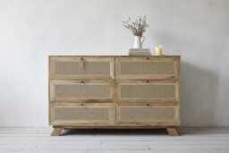 Large Rattan Chest Of 6 Drawers -150cm Wide Solid Wood Dresser -Boho Rustic Storage Cabinet - Bedroom Hallway Sideboard -Rattan Furniture UK - thumbnail 1