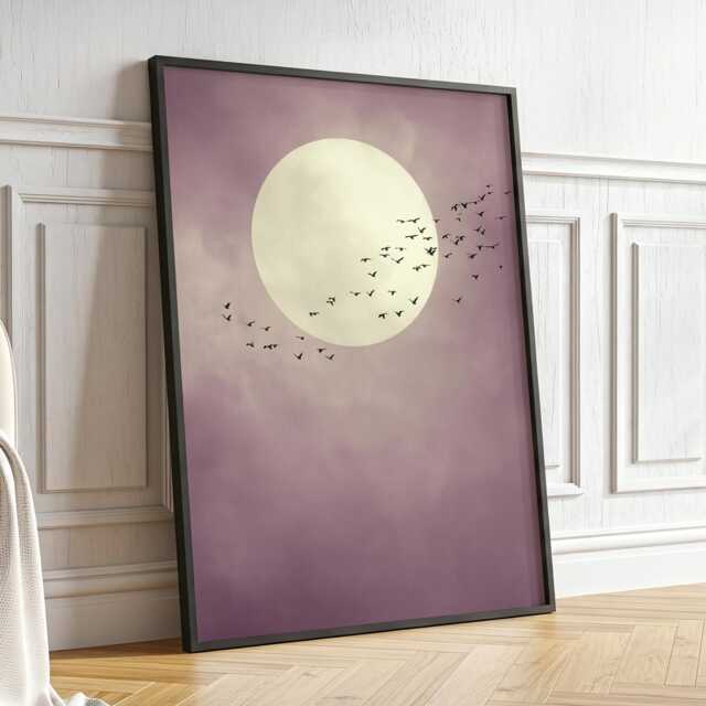 Soft Purple Moon With Birds Wall Art Minimalist Scandi Abstract Painting Large Room Decor Framed Calming Poster Print - image 1