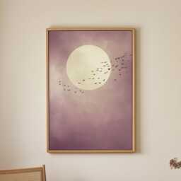 Soft Purple Moon With Birds Wall Art Minimalist Scandi Abstract Painting Large Room Decor Framed Calming Poster Print - thumbnail 3
