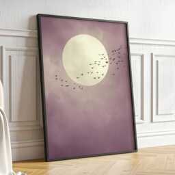 Soft Purple Moon With Birds Wall Art Minimalist Scandi Abstract Painting Large Room Decor Framed Calming Poster Print - thumbnail 1