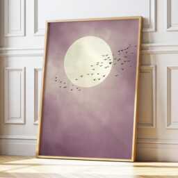 Soft Purple Moon With Birds Wall Art Minimalist Scandi Abstract Painting Large Room Decor Framed Calming Poster Print - thumbnail 2