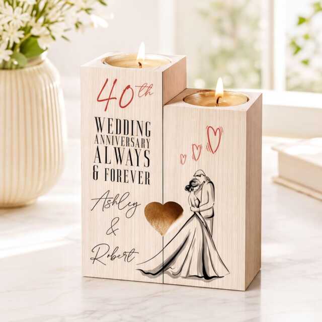 Personalised 40Th Anniversary Double Tea Light Candle Holder With Couple - image 1