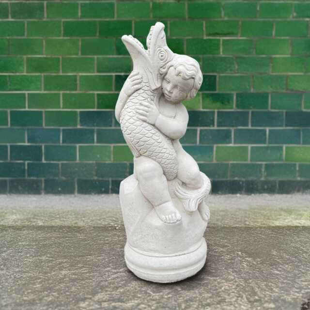 Boy With Fish Garden Sculpture Concrete Boy Figurine Stone Child Ornament Backyard Mythological Decor Handmade Yard Art Gift - image 1