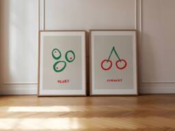 Set Of 2 Olive Cherry Prints, Retro Fruit Wall Art, Kitchen Aesthetic Decor, Gallery Wall, Home Inspo, Unframed - thumbnail 1