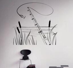 Fishing Rod Wall Decal Lake Nature Vinyl Sticker Hobby Home Interior Decor Art Murals Living Room Bedroom 20(Fsh - thumbnail 1