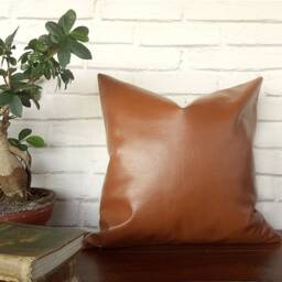 Cognac Faux Leather Pillow Cover Modern Scandinavian Decor - 16x16 Inch - thumbnail 2