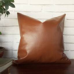 Cognac Faux Leather Pillow Cover Modern Scandinavian Decor - 16x16 Inch - thumbnail 3