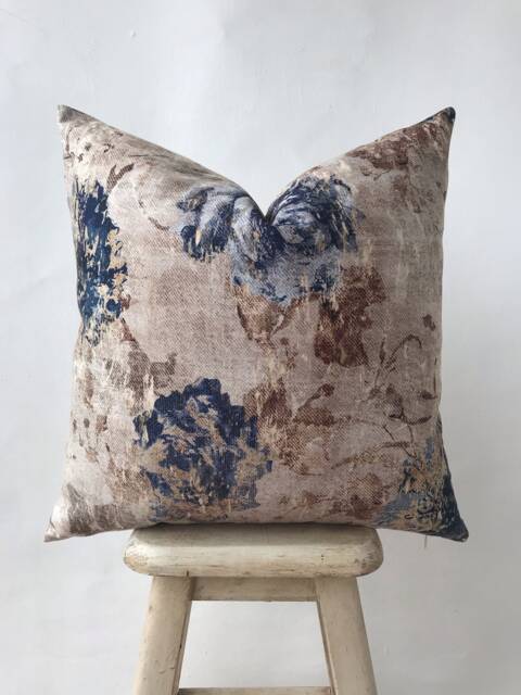 Blue Rose & Taupe Cotton Velvet Pillow Cover , Teal Floral Accent Case Navy Antique Cushion - image 1