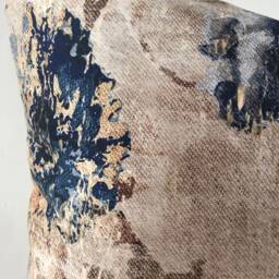 Blue Rose & Taupe Cotton Velvet Pillow Cover , Teal Floral Accent Case Navy Antique Cushion - thumbnail 3