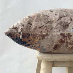 Blue Rose & Taupe Cotton Velvet Pillow Cover , Teal Floral Accent Case Navy Antique Cushion - thumbnail 4