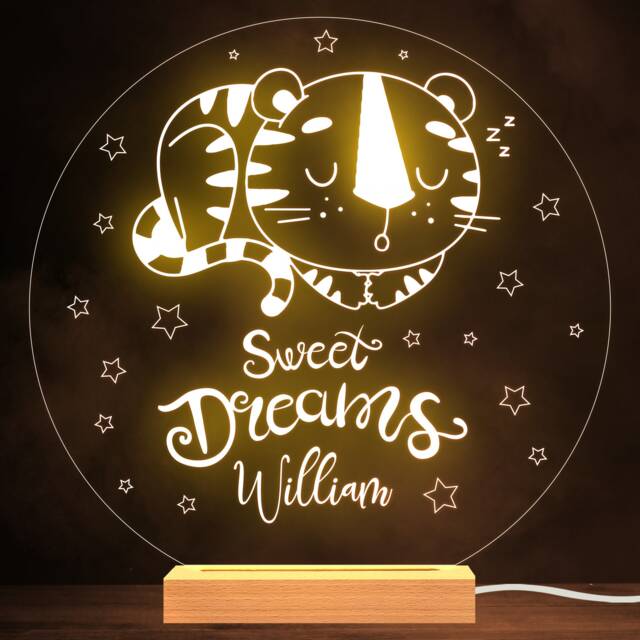 Kids Cute Sleeping Baby Tiger Round Name Personalised Gift Lamp Night Light - image 1