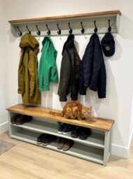 Shaker Style Hallway Coat Rack & Shoe Storage Bench, Solid Oak Seat