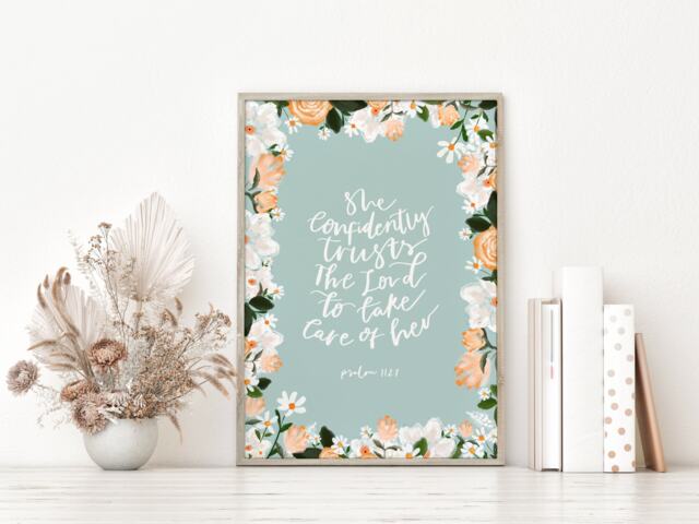 She Confidently Trusts The Lord, Psalm 1127, Christian Art Print, Wall Art, Gifts For Friend, Floral Scripture Print - image 1