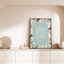 She Confidently Trusts The Lord, Psalm 1127, Christian Art Print, Wall Art, Gifts For Friend, Floral Scripture Print - thumbnail 2