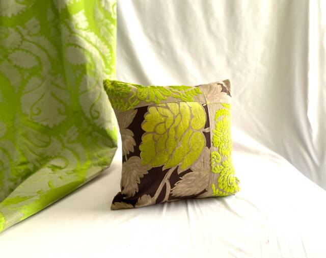 "Designers Guild Pillow Cover Green Linen & Cut Velvet, Bohemian Style - 18""x 18" - image 1