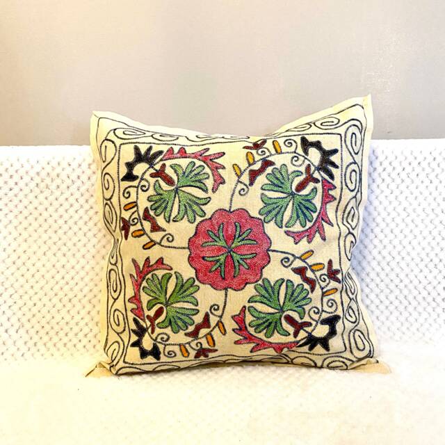 Suzani Cotton Cushion/Pillow Cover Embroidered, 16 X 16 Cream, Details Floral Motif, Pillow Case, Floral Cushion - image 1
