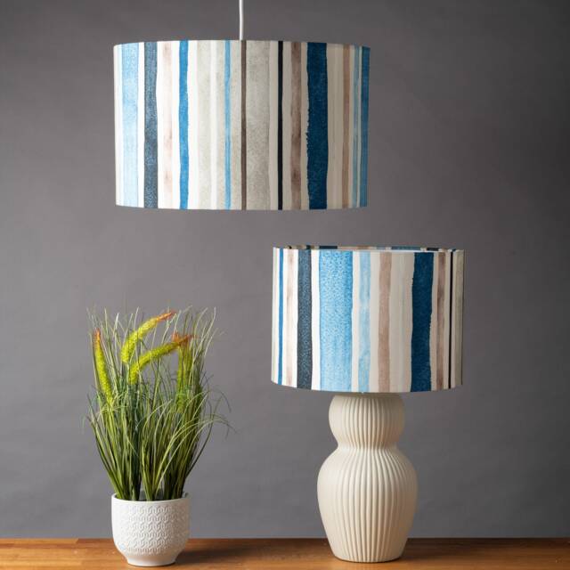Watercolour Ocean Stripe Lampshade. Traditional Nautical Stripes in Marine Blue & Grey Hues. Cylinder Style Shade. 30cm & 40cm Available - image 1