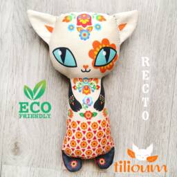 Rattle Mexican Cat Ecological Toy 100% Organic Cotton Fabric Illustrated Recto Verso, Cuddly Kitten Two Faces, Funny Birth Gift Baby - thumbnail 2