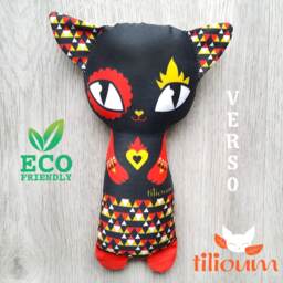 Rattle Mexican Cat Ecological Toy 100% Organic Cotton Fabric Illustrated Recto Verso, Cuddly Kitten Two Faces, Funny Birth Gift Baby - thumbnail 3