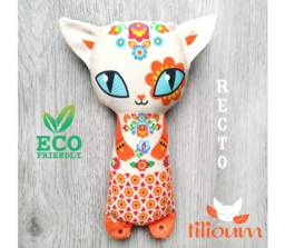 Rattle Mexican Cat Ecological Toy 100% Organic Cotton Fabric Illustrated Recto Verso, Cuddly Kitten Two Faces, Funny Birth Gift Baby