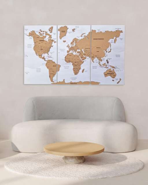 Wooden World Map Wall Art Decor, Push Pin Travel Apartment 5Th Anniversary Gift 3 Piece Art, Retirement Hanging - image 1