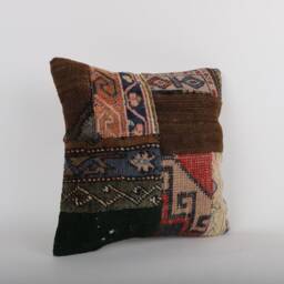 Vintage Turkish Kilim Pillow Cover 16'' Handwoven Wool Throw - thumbnail 2