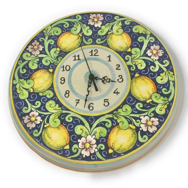 Italian Ceramic Wall Round Clock Art Pottery Hand Painted Decorated Lemons Made in Italy Tuscan - image 1