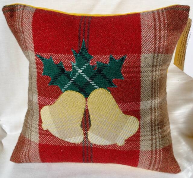 Christmas Bells With Holly, Green & Red, Decorative Handmade Tartan Cushion Pillow Ideal X-Mas Gift, Rustic Farmhouse D??cor 12 - image 1