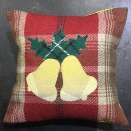 Christmas Bells With Holly, Green & Red, Decorative Handmade Tartan Cushion Pillow Ideal X-Mas Gift, Rustic Farmhouse D??cor 12 - thumbnail 3