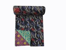 Vintage Handmade Kantha Quilt Sari Patchwork Throw Blanket - thumbnail 1
