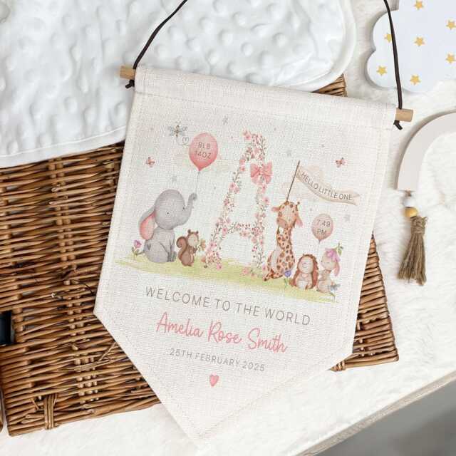 New Baby Girl Gift, Personalised Hanging Linen Wall Pennant, Welcome Nursery Bedroom Decor, Christening Gift - image 1