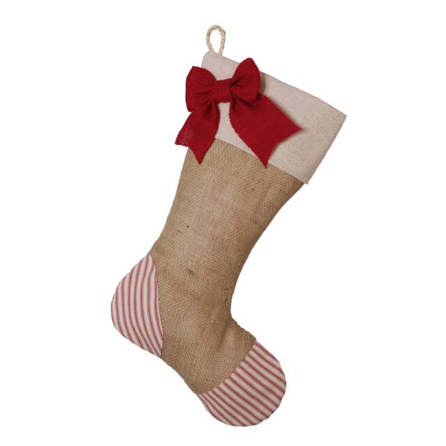 Christmas Stocking With Burlap & Red Ticking Accents - image 1