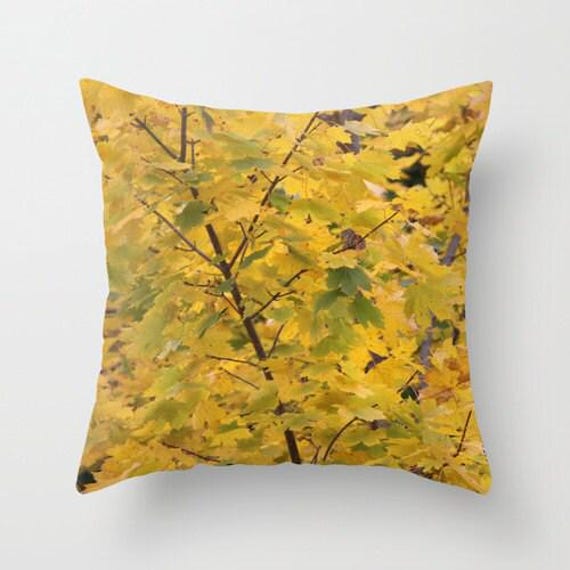 Yellow Wall Of Leaves Pillow/Cover - Home D??cor, Fall Interior Design, Yellow, Green & Brown Pillow, Country Living, Seasonal Accent - image 1