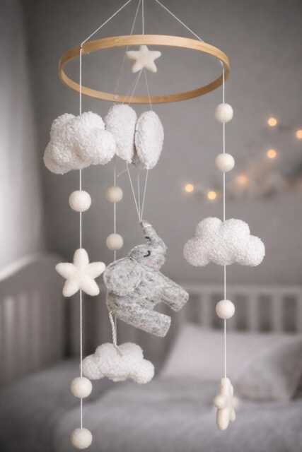 Elephant Baby Mobile Merino Wool Balloons & Clouds, Neutral Nursery Decor, Shower Gift - image 1