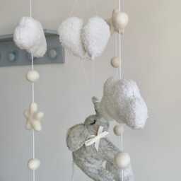 Elephant Baby Mobile Merino Wool Balloons & Clouds, Neutral Nursery Decor, Shower Gift - thumbnail 2