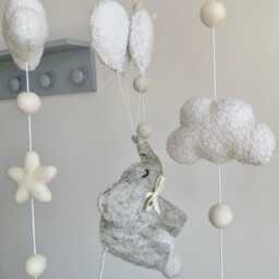 Elephant Baby Mobile Merino Wool Balloons & Clouds, Neutral Nursery Decor, Shower Gift - thumbnail 3